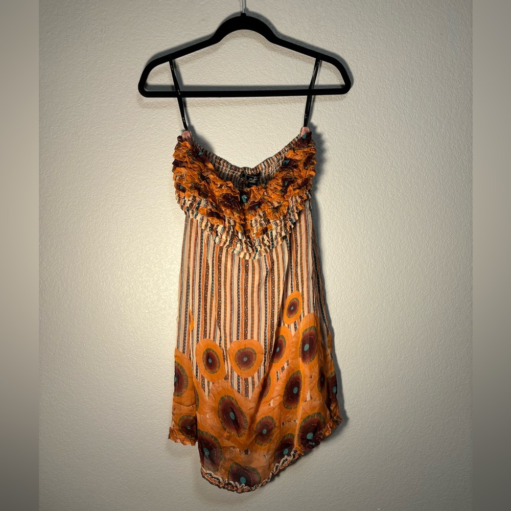 YADA Orange Sleeveless Tube Top Mini Dress w Ruffled Chest Design Unique Print🧡